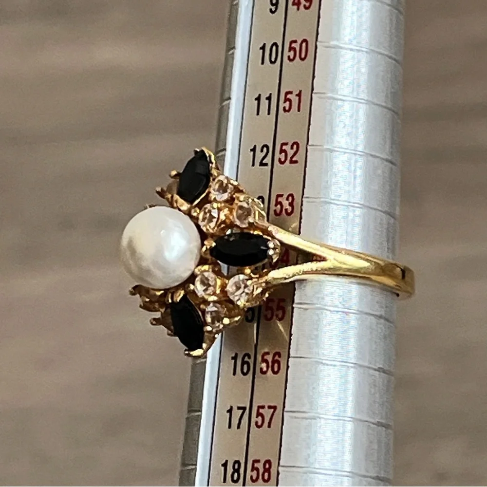 Elegant Pearl, Cubic Zirconia and Black Marquis Multi-Stone Gold Toned Ring